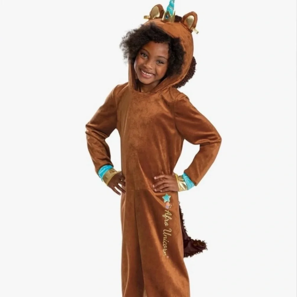 NWT Afro Brown Unicorn Costume with Gold and Blue Accents Halloween